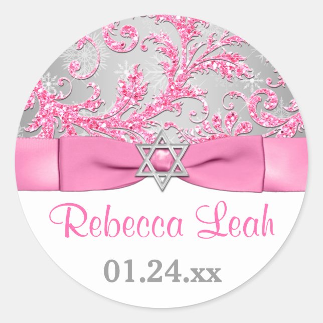 PRINTED Bow - Winter Wonderland Damask Bat Mitzvah Runder Aufkleber (Vorderseite)