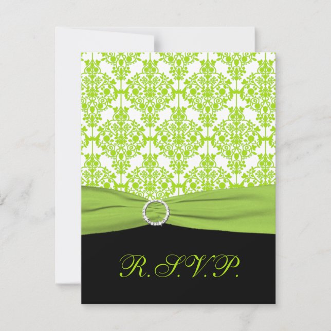 PRINTED RIBBON Black, Green Damask Repcard RSVP Karte (Vorderseite)