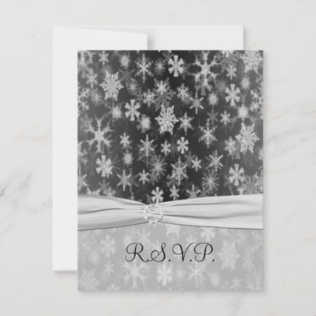 PRINTED RIBBON Black, Silver Snowflakes Repcard RSVP Karte (Vorderseite)