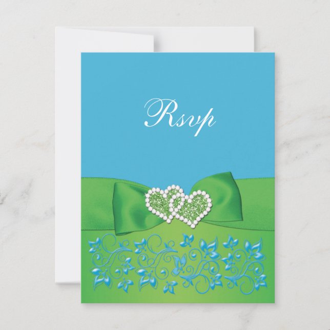 PRINTED RIBBON Blue Green Floral Hearts Repcard RSVP Karte (Vorderseite)