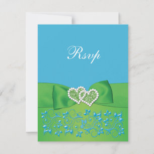 PRINTED RIBBON Blue Green Floral Hearts Repcard RSVP Karte