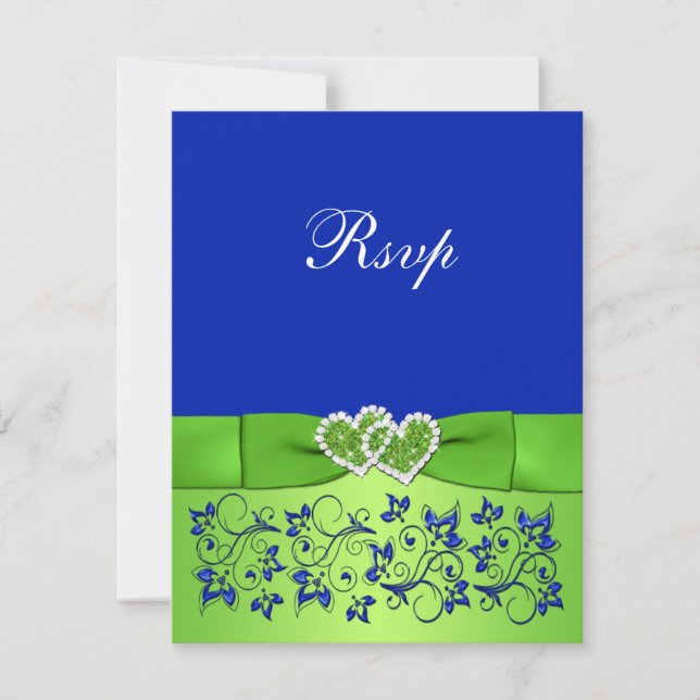 PRINTED RIBBON Blue Green Floral Hearts Repcard RSVP Karte (Vorderseite)