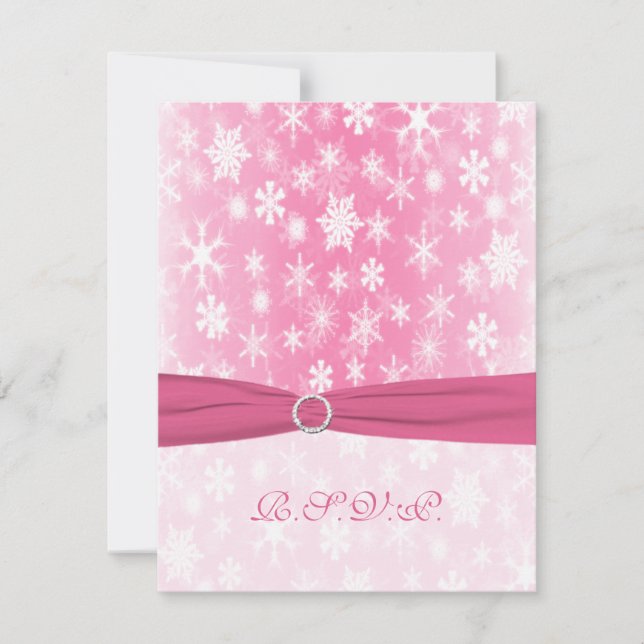 PRINTED RIBBON Pink, White Snowflakes Repcard RSVP Karte (Vorderseite)