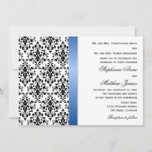 Printed Royal Blue Ribbon and Damask Wedding Einladung