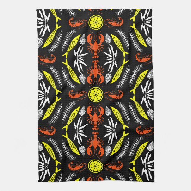 Prints von Meeresfrüchten Art Deco Geschirrtuch (Vertikal)