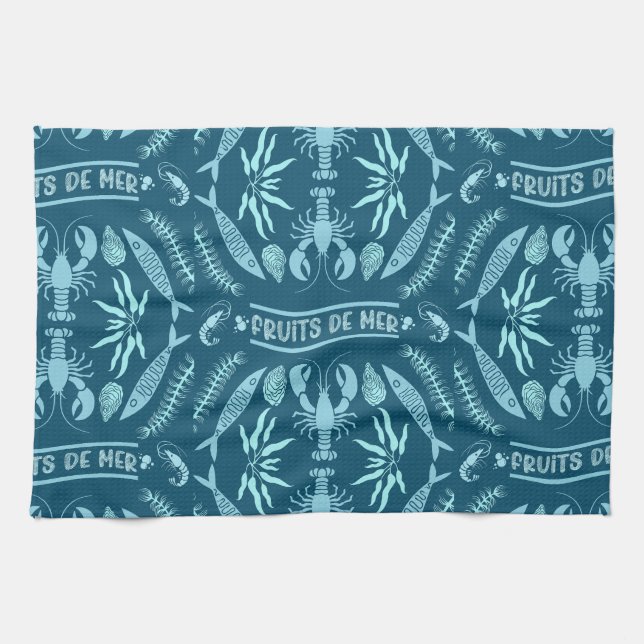 Prints von Meeresfrüchten Art Deco Geschirrtuch (Horizontal)
