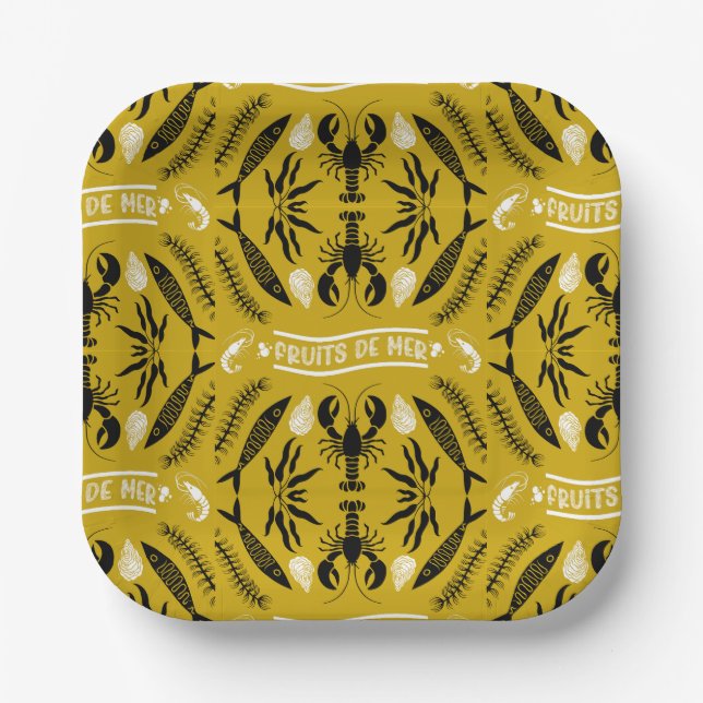 Prints von Meeresfrüchten Art Deco Pappteller (Vorderseite)
