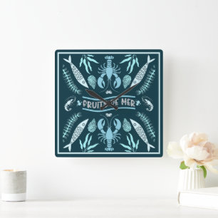 Prints von Meeresfrüchten Art Deco Quadratische Wanduhr