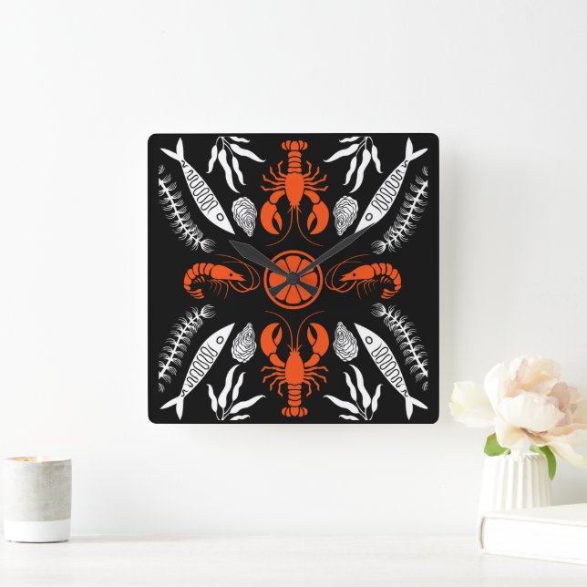 Prints von Meeresfrüchten Art Deco Quadratische Wanduhr (Zuhause)