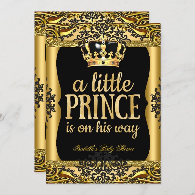 Prinz auf seinem Weg Baby Shower Gold Black 2 Einladung (Vorne/Hinten)