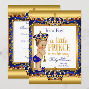 Prinz Baby Shower Blau Verziert Gold Brünette Jung Einladung