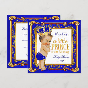 Prinz Baby Shower Damast Blau Gold Brünette Einladung