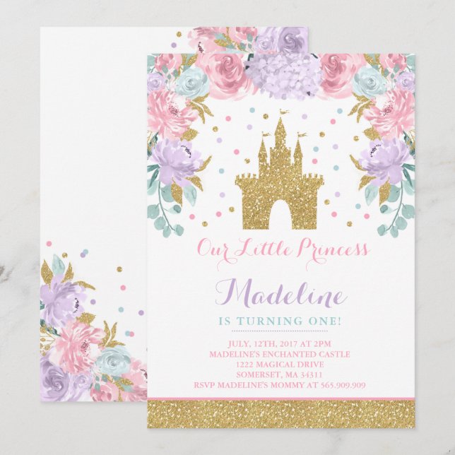 Prinz Birthday Invitation Gold Prinzessin Catle Einladung (Vorne/Hinten)