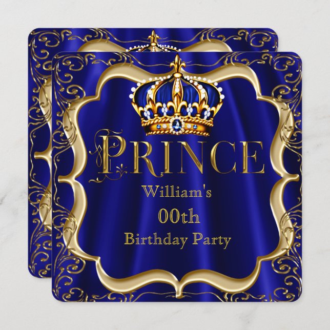 Prinz Birthday Royal Blue Gold Crown Mens 2 Einladung (Vorne/Hinten)