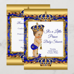 Prinz Junge Baby Shower Blau Ornament Gold Brünett Einladung