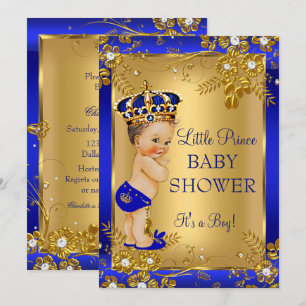 Prinz Junge Baby Shower Gold Blau Floral Brünette Einladung