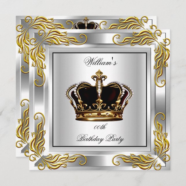 Prinz King Men's Crown Silver Birthday Party Einladung (Vorne/Hinten)