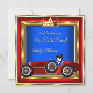 Prinzen-Baby-Party Blau Gold Junge Rot Rennwagen 2 Einladung