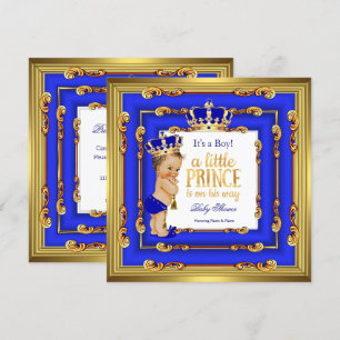 Prinzen-Baby-Party Royal Blau Gold Rahmen Brünette Einladung