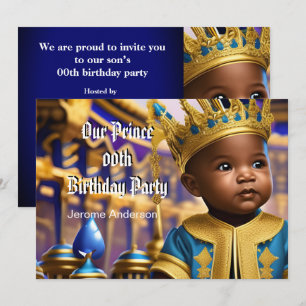 Prinzenjungen-Geburtstagsfeier Blau Gold Afroameri Einladung