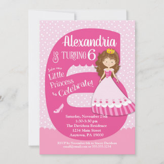 Prinzessin 6. Geburtstagsfeier Einladung Brünettes