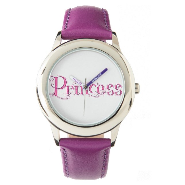 Prinzessin Armbanduhr (A wristwatch with a silver case and a purple leather band, with the word "Princess!)