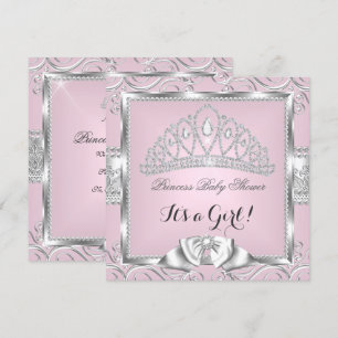 Prinzessin Baby Shower Mädchen Rosa Silber Damast Einladung