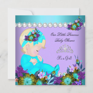 Prinzessin Baby Shower Mädchen Teal Blau Lila Blon Einladung