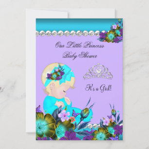 Prinzessin Baby Shower Mädchen Teal Blau Lila Blon Einladung