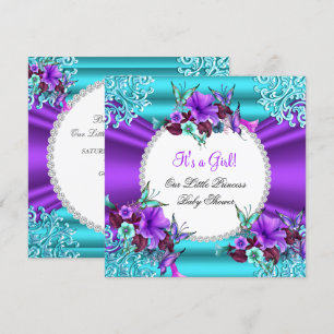 Prinzessin Baby Shower Mädchen Teal Lila Blumen 3 Einladung