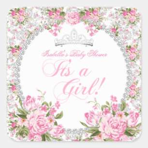 Prinzessin Baby Shower Mädchen Vintage Rose Blume Quadratischer Aufkleber