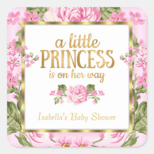 Prinzessin Baby Shower Pink Gold Rose Floral Aufkl Quadratischer Aufkleber