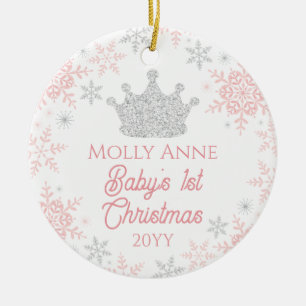 Prinzessin Baby's 1. Weihnachten Rosa Silber Glitt Keramik Ornament