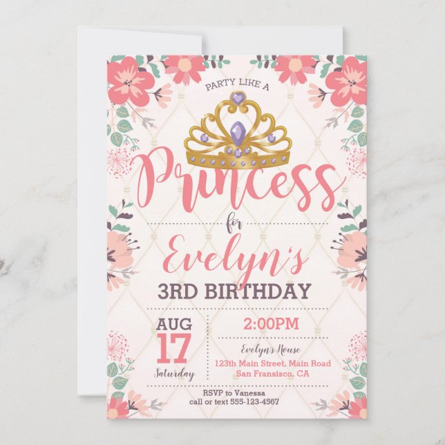 Prinzessin Birthday Invitation - Prinzessin Party Einladung (Vorderseite)