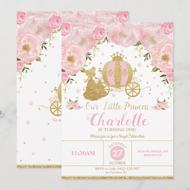 Prinzessin Birthday Party Carriage Pink und Gold Einladung (Vorne/Hinten)