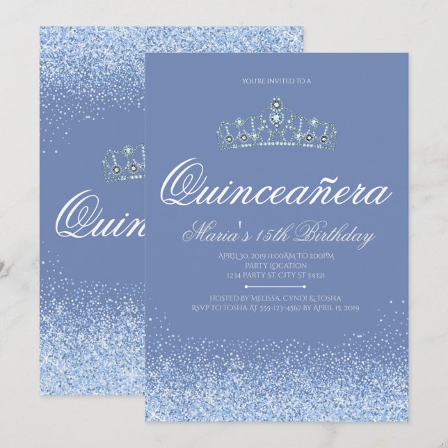 Prinzessin Blue Glitter Quinceanera Invitations Einladung (Vorne/Hinten)