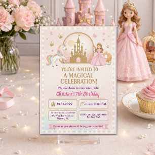 Prinzessin Einhorn Gold Schloss 7. Geburtstagsfeie Einladung