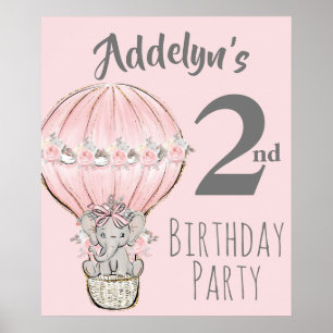 Prinzessin Elefant Luftballon Rosa Grau 2. Geburts Poster