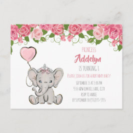 Prinzessin Elephant Child's 1. Geburtstag Pink Flo Einladungspostkarte