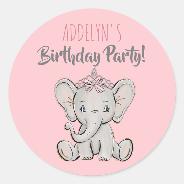 Prinzessin Elephant Tiara Pink Kind's Birthday Runder Aufkleber (Vorderseite)