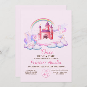 Prinzessin Erster Geburtstag Rosa Burg Einhorn 1. Einladung