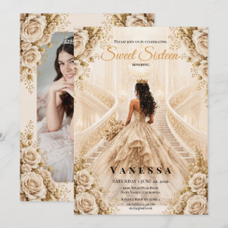 Prinzessin Foto Sweet 16 Beige und Gold Einladung