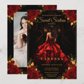 Prinzessin Foto Sweet 16 Rot Gold Einladung