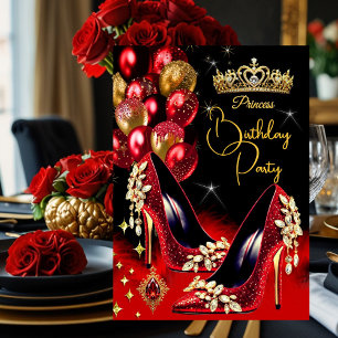 Prinzessin Geburtstag Rote Glitzer High Heels Kron Einladung