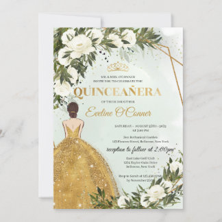 Prinzessin goldenes Kleid Blumengrün Quinceañera Einladung