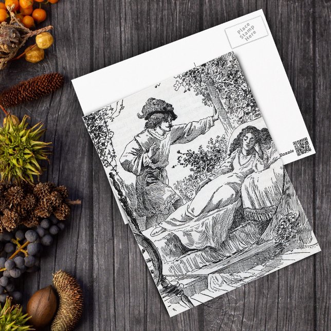 Prinzessin im Bett des Waldfürsten Postkarte (Fairy tale scene sleeping princess with prince on black and white postcard.)