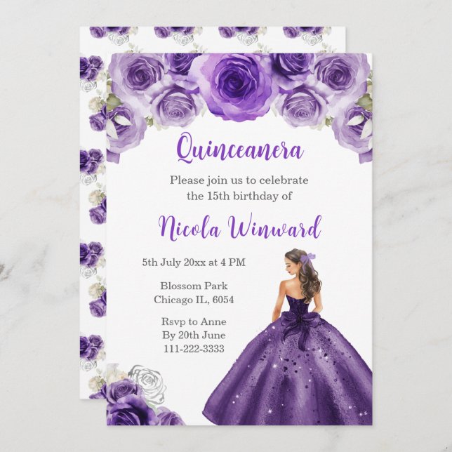 Prinzessin im dunklen Lila Kleid Quinceanera Einladung (Vorne/Hinten)