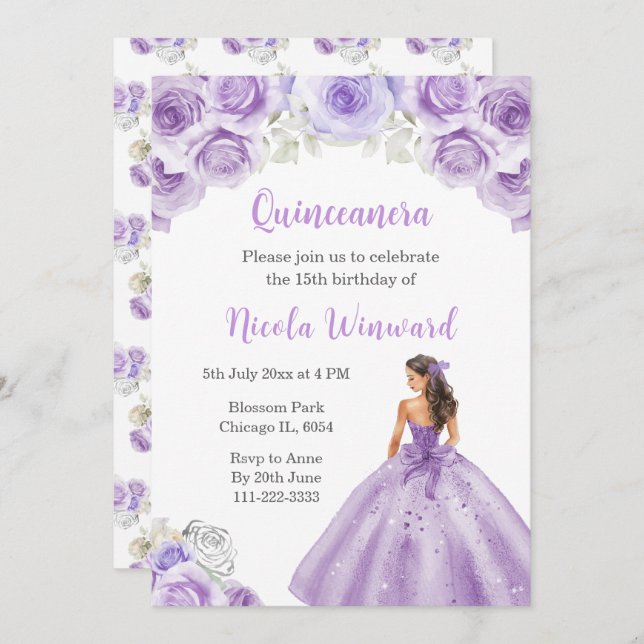 Prinzessin im Lila Dress Quinceanera Einladung (Vorne/Hinten)