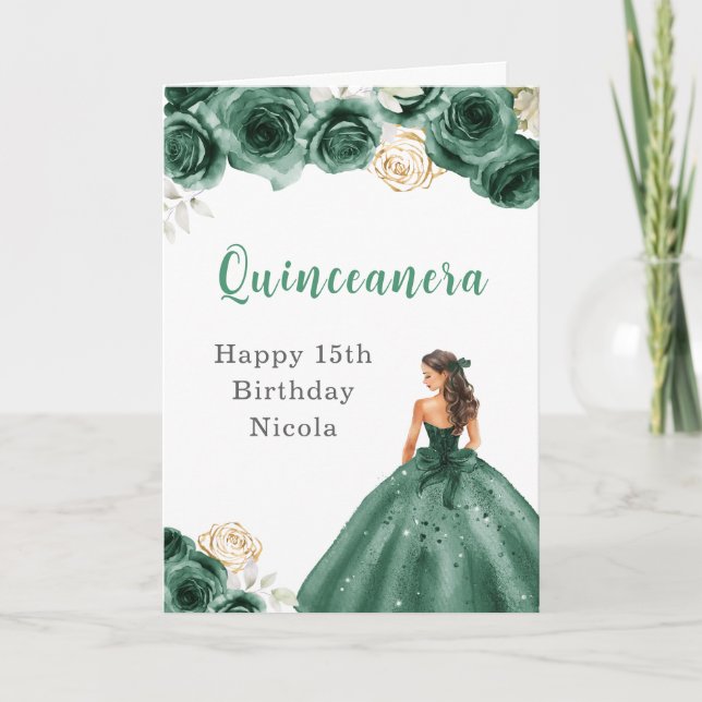 Prinzessin in dunkelgrünem Kleid Geburtstag Quince Karte (Vorderseite)
