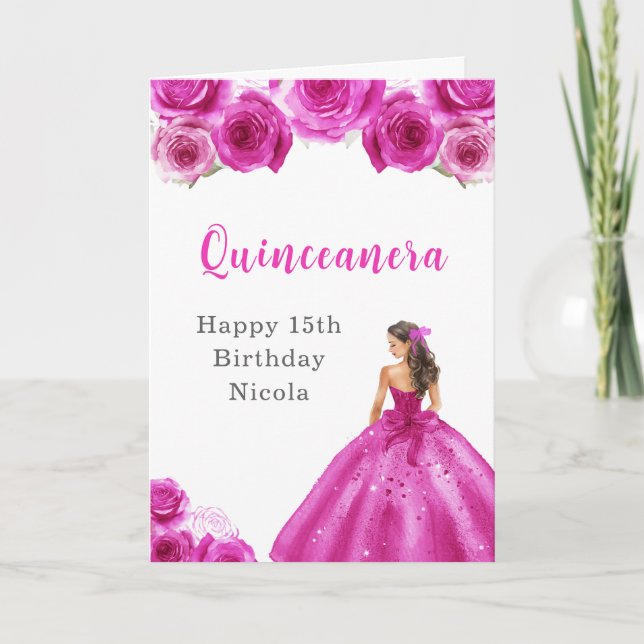 Prinzessin in heiß rosa Kleid Geburtstag Quinceane Karte (Vorderseite)